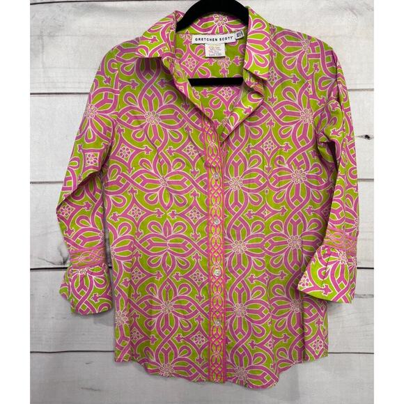 Gretchen Scott Tops - Gretchen Scott Designs Priss Brooks Ruffle Blouse Pink Green Sz XS
